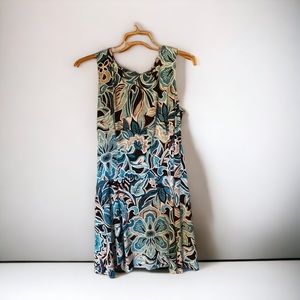Women’s sleeveless dress with flounce style skirt. Blue print. Never worn. 18